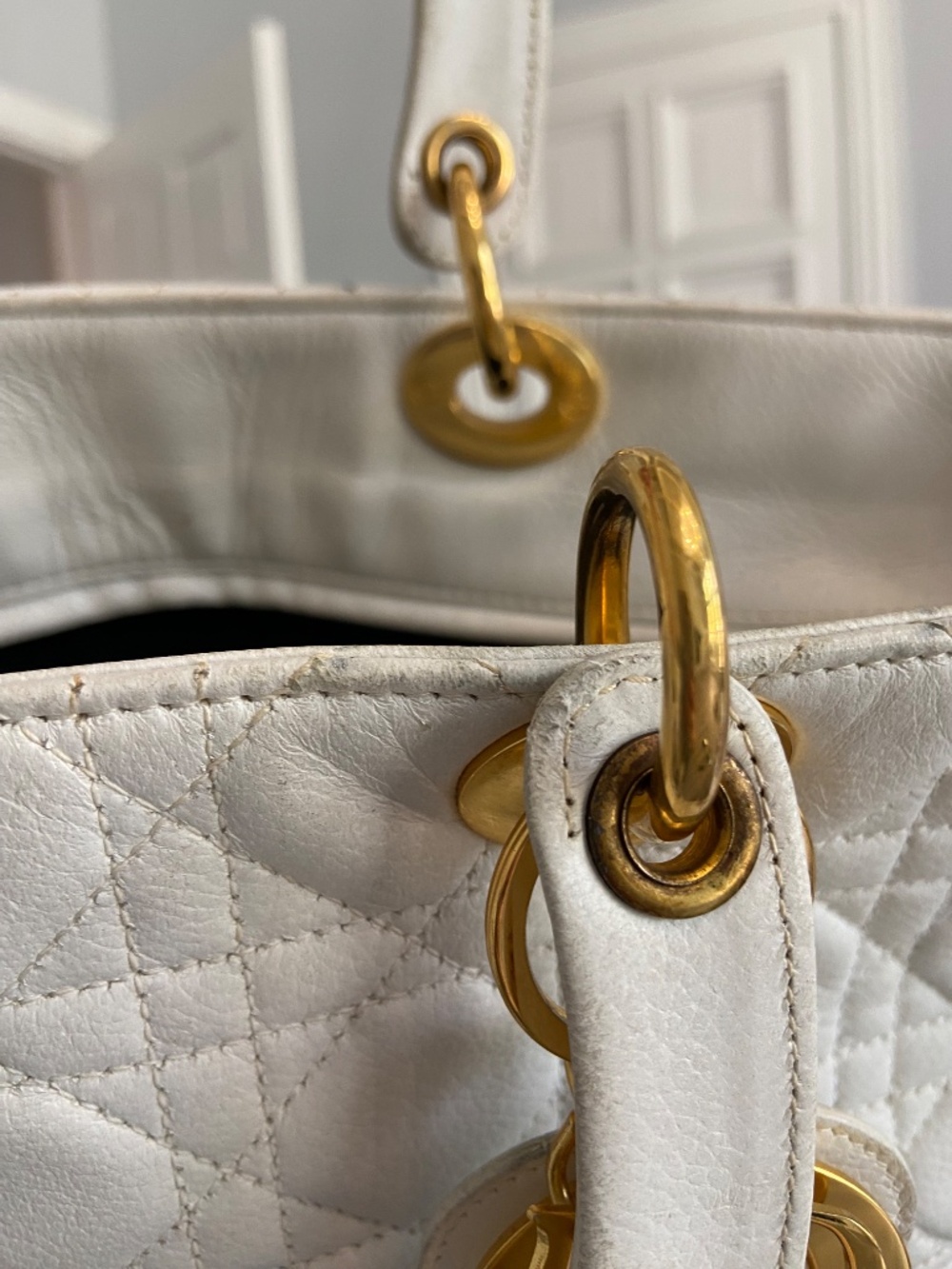 Authentic Dior White Lambskin Lady Dior Handbag Quilted Cannage Gold Hardware - Picture 10 of 16